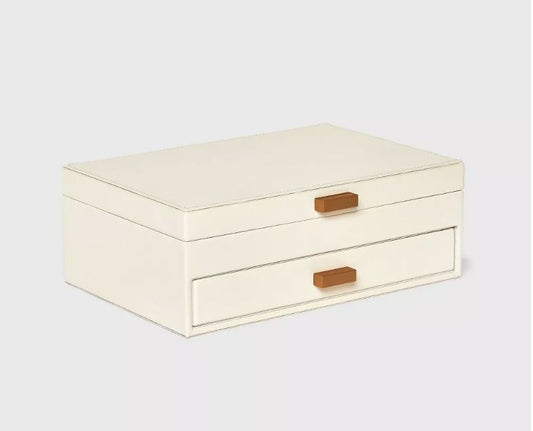 Two Drawer Organizer Jewelry Box - A New Day™ Cream: Polyurethane Storage with Divided Tray, Mirror, Rectangle Shape