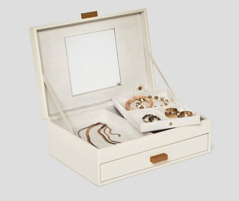Two Drawer Organizer Jewelry Box - A New Day™ Cream: Polyurethane Storage with Divided Tray, Mirror, Rectangle Shape